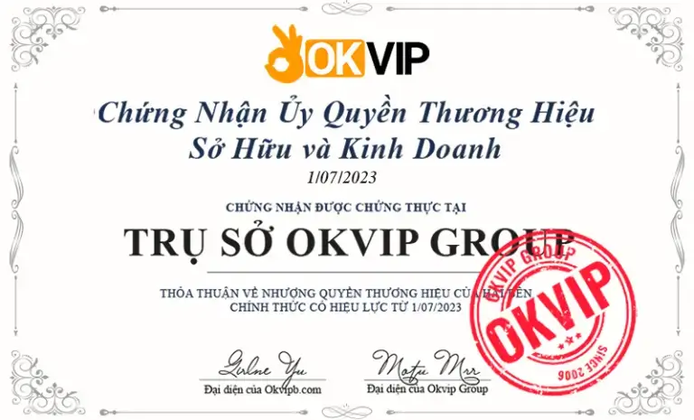 Chứng nhận nhượng quyền của OKVIP